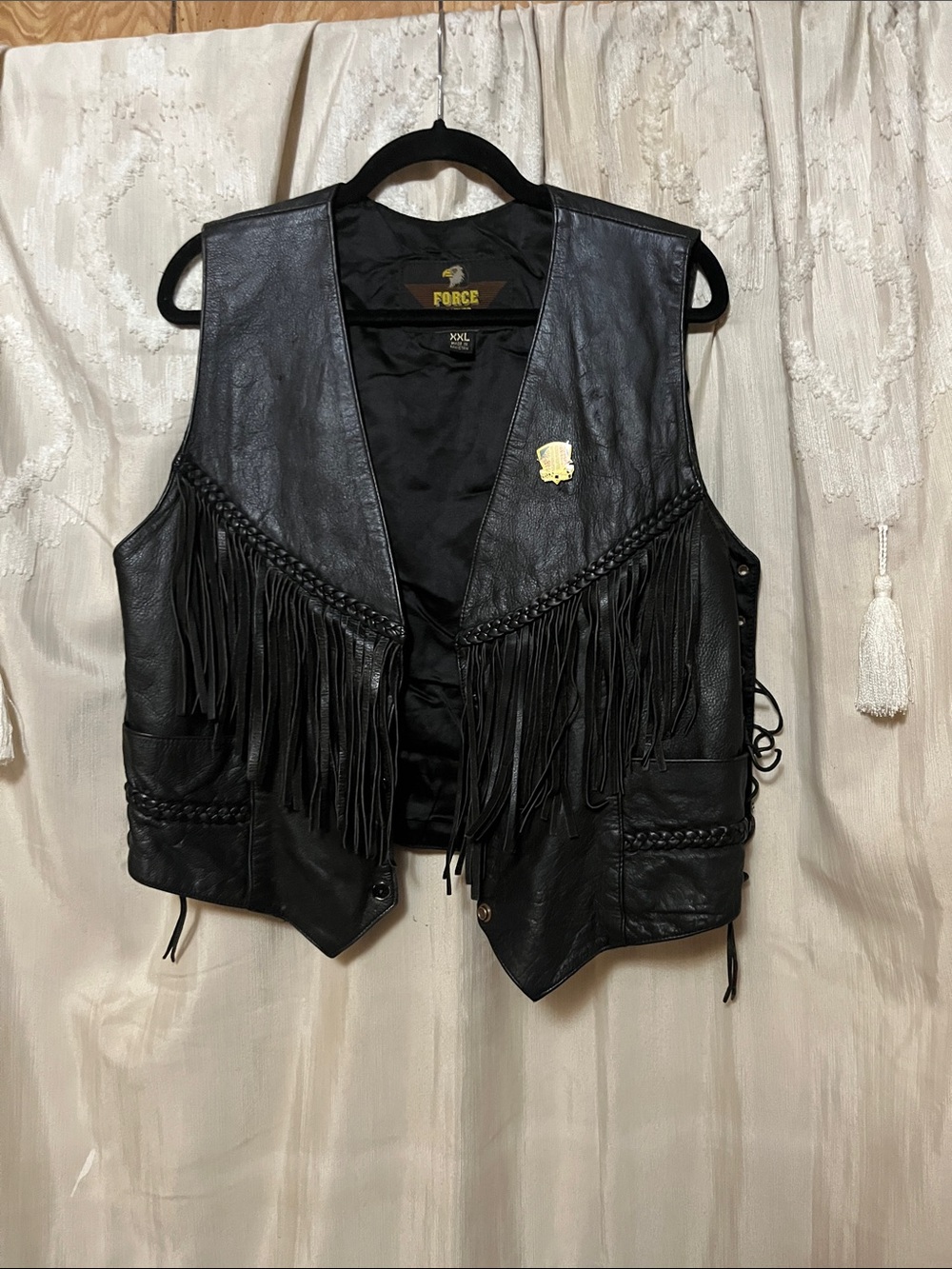 Force1 Black Leather Jacket with Eagle Patch